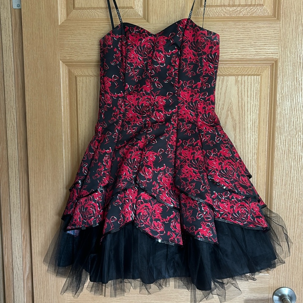 Strapless formal dress.